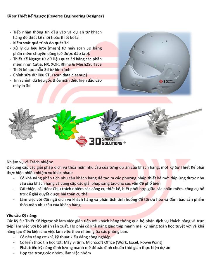 3D Smart Solutions tuyển dụng kỹ sư cơ khí, kỹ sư bán hàng, kỹ sư thiết kế ngược, chuyên gia Zbrusch... Vui lòng xem tin để gửi thông tin CV của bạn.