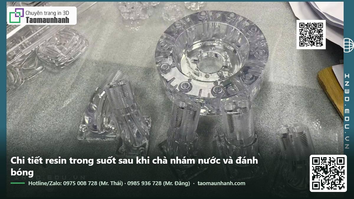 Chi tiết resin trong suốt sau khi chà nhám nước và đánh bóng
