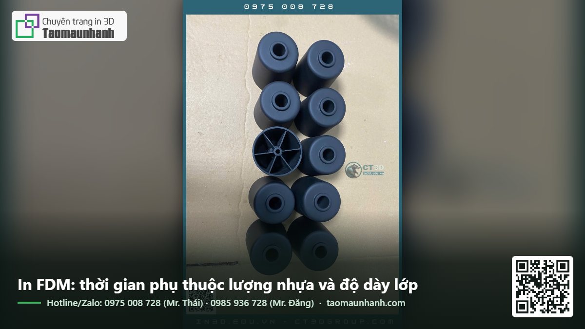 In FDM: thời gian phụ thuộc lượng nhựa và độ dày lớp