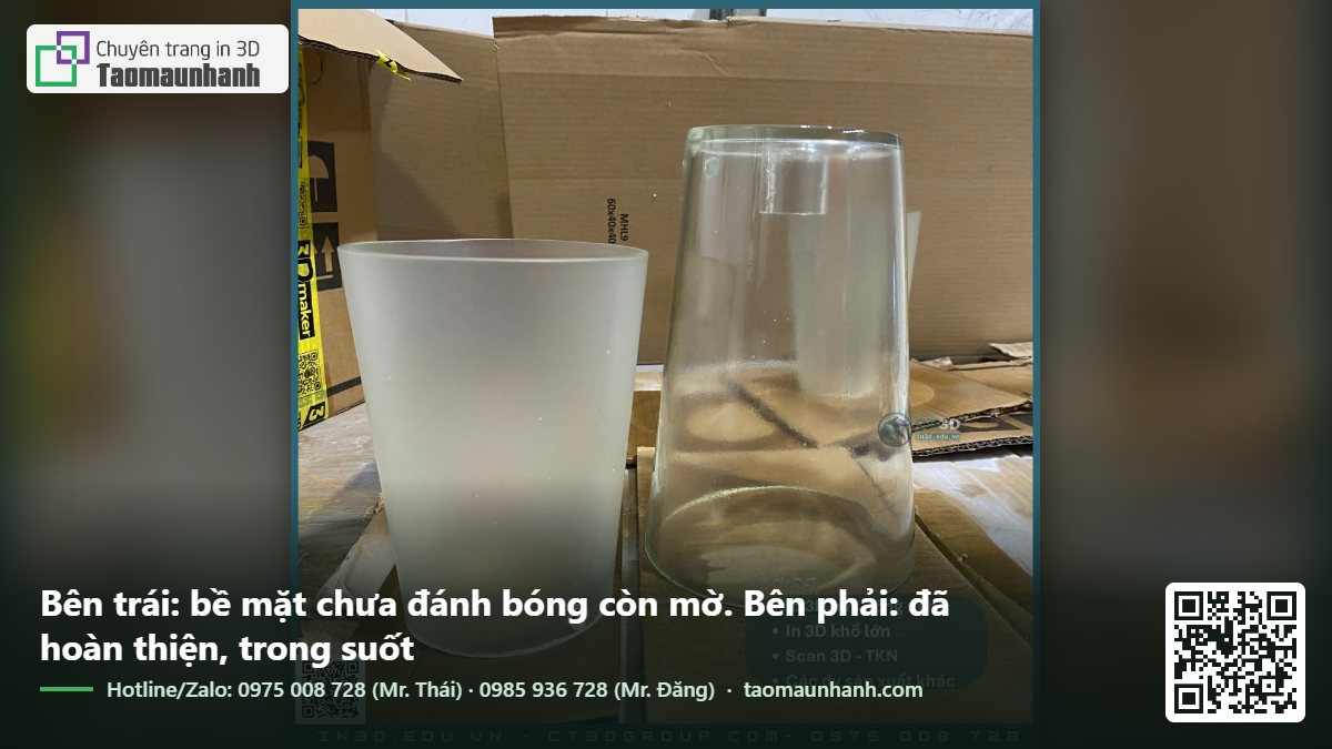 Bên trái: bề mặt chưa đánh bóng còn mờ. Bên phải: đã hoàn thiện, trong suốt